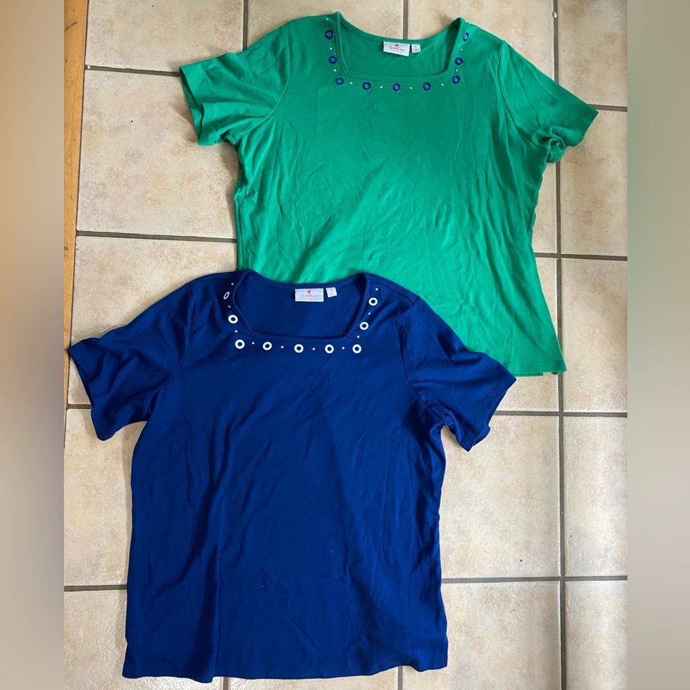 Set of 2 - Elegant Green and Blue Blouses with Eyelet Detail